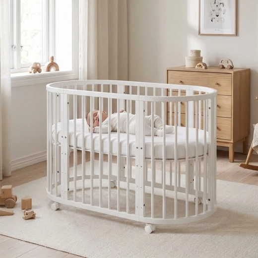 Mitwachsendes ovales Babybett 3in1 mit Matratze New Baby, weiß