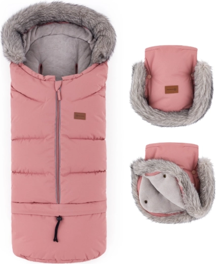 Petite&Mars Winterset Fußsack Arctic 4v1 und Kinderwagenhandschuhe Furry Old Rose