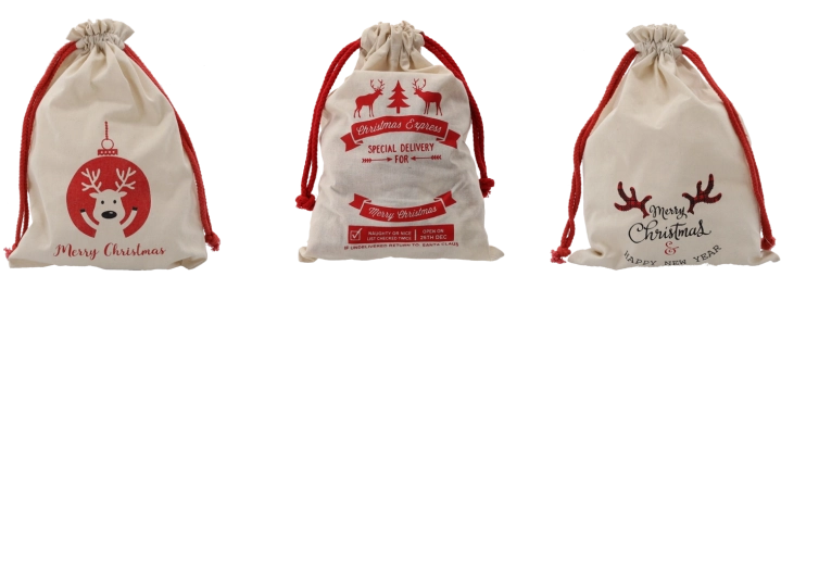 Weihnachtlicher Geschenkbeutel aus Baumwolle 28 × 40 cm, natur, Mustermix (Packung mit 15 Stk.)