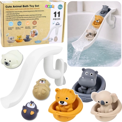 Badespielzeug-Set mit Tieren in Booten und Wasserrutsche, 11 Teile