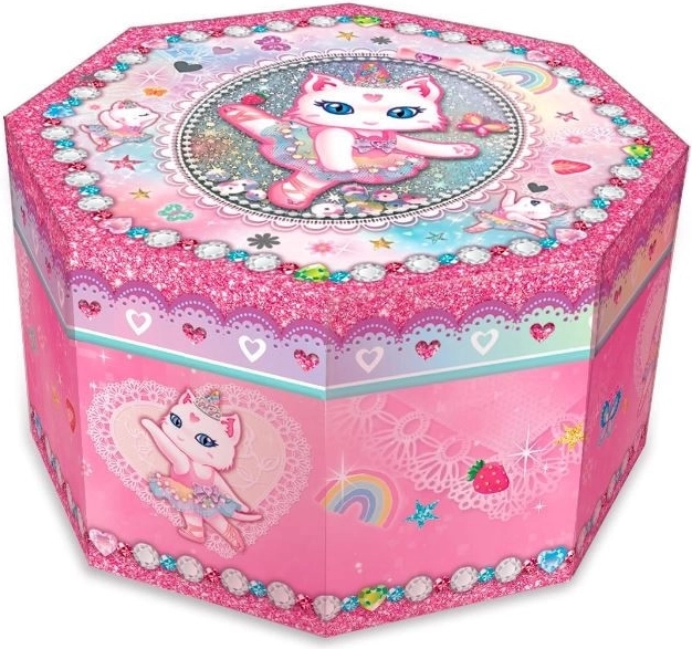 Achteckige Spieluhr-Schmuckschatulle – Ballerina-Katze