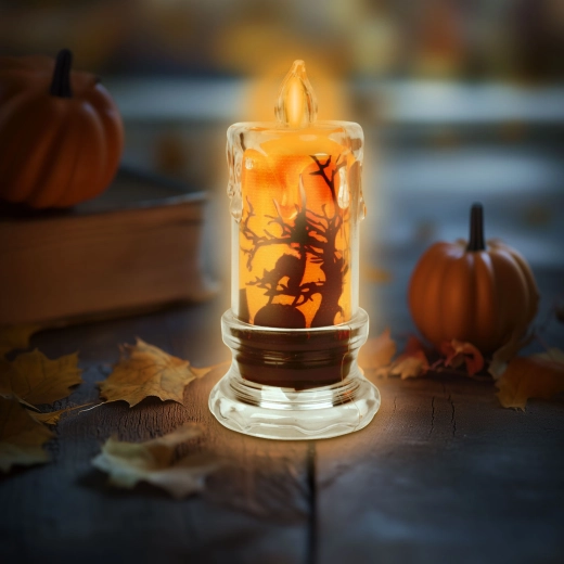 Halloween-LED-Kerze mit Fledermausmotiv und orangefarbenem Licht