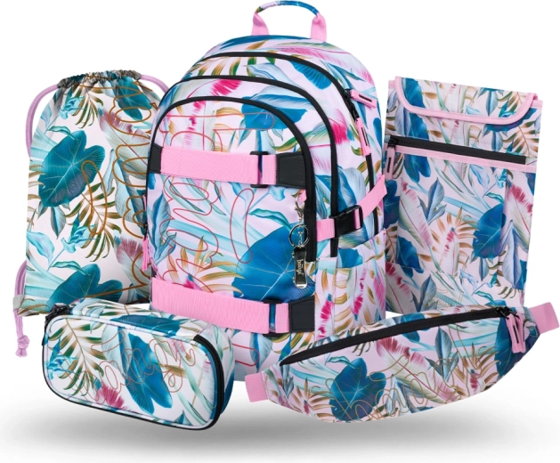 Baagl Schulset 5-tlg. Skate Leafs – Rucksack, Federmäppchen, Turnbeutel, Bauchtasche und Laptophülle