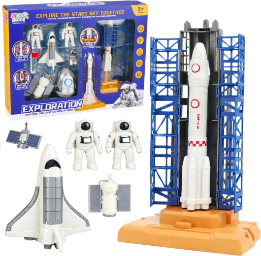 Kosmisches Set mit Rakete, Startturm und Astronauten