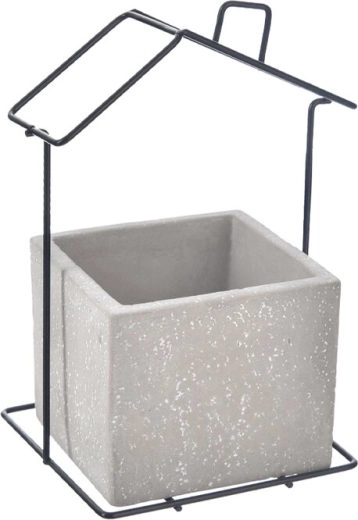 Blumentopf aus Beton und Metall in Hausform, grau