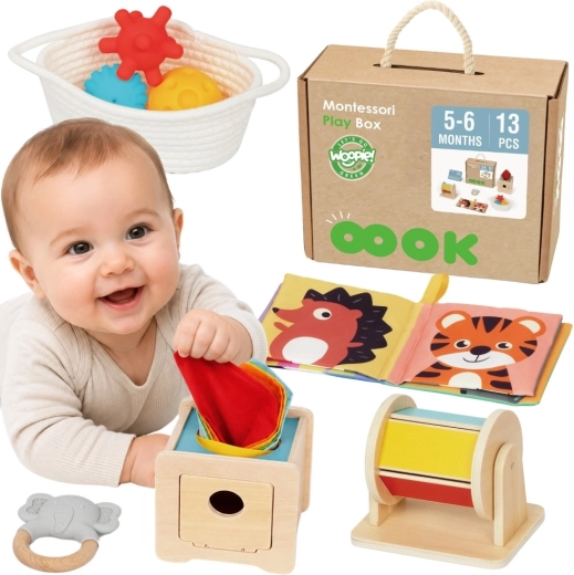 Woopie Green Montessori-Sinnesbox 6-in-1 für Kinder im Alter von 5 bis 6 Monaten – 13 Teile