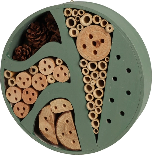 Hölzernes Insektenhotel, Durchmesser 25 cm, grau/grün