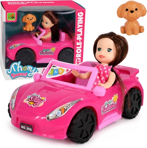 Mini-Puppe im rosa Cabrio mit Hündchen