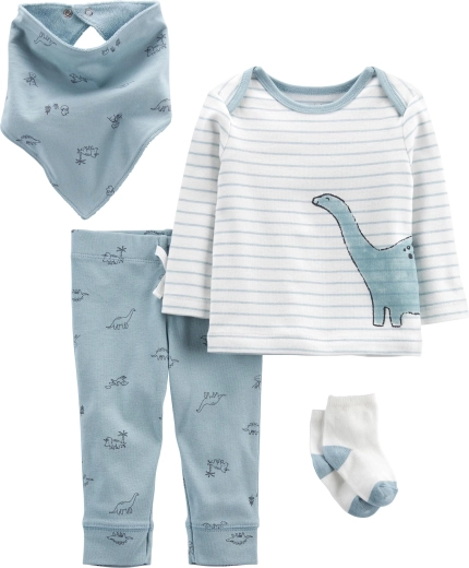Carter’s 4-teiliges Set für Jungen Blue Dino – Langarmshirt, Jogginghose, Socken und Lätzchen