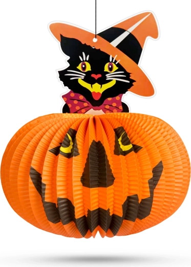 Halloween-Papierlaterne Kürbis mit Katzenmotiv – 1 Stück