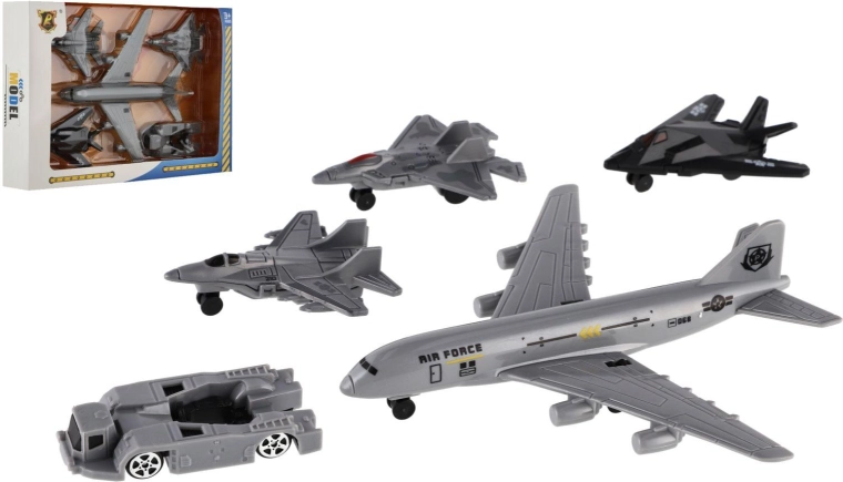 Set aus Militärflugzeugen und -fahrzeugen, 5 Stk., Kunststoff mit Schwungrad, in Schachtel 23 × 15,5 × 4 cm