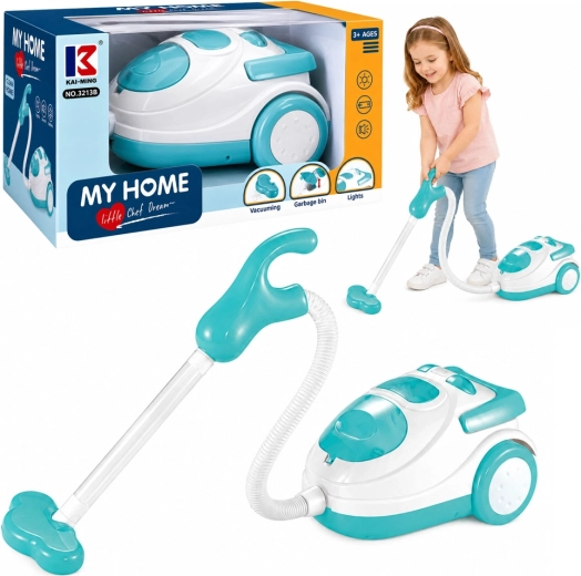 Blau-weißer Kinder-Staubsauger mit Batteriebetrieb mit Licht, Sound und Styroporkügelchen
