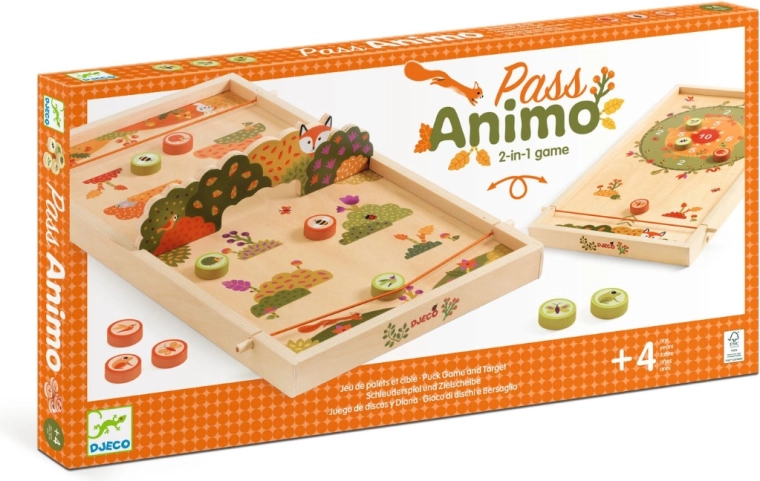 Djeco Brettspiel Pass Animo – beidseitiges Holz-Flick-Spiel und Jeton-Angeln