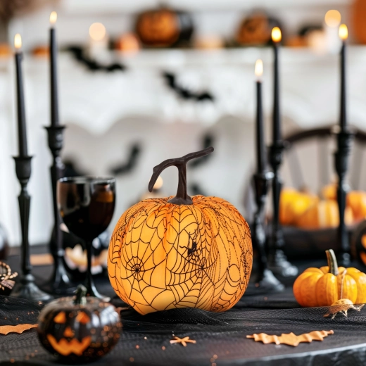 Halloween-Dekokürbis mit Spinnennetz 16,5 cm