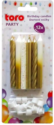 TORO Tortenkerzen mit Halter, 7,5 cm, gold und weiß, 12+12 St.