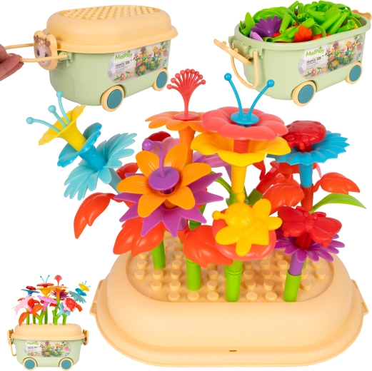 Bausteinset Blümchen 102 Teile mit Wagen und Gießkanne
