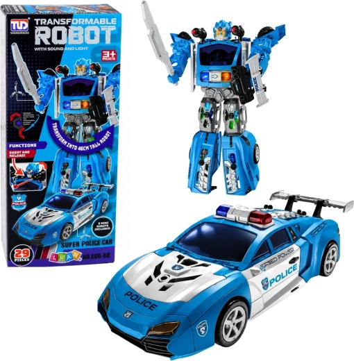 Polizei-Roboter 2-in-1 mit sportlichem Polizei-Auto, Licht, Sound und Projektilwerfer – 29 Teile