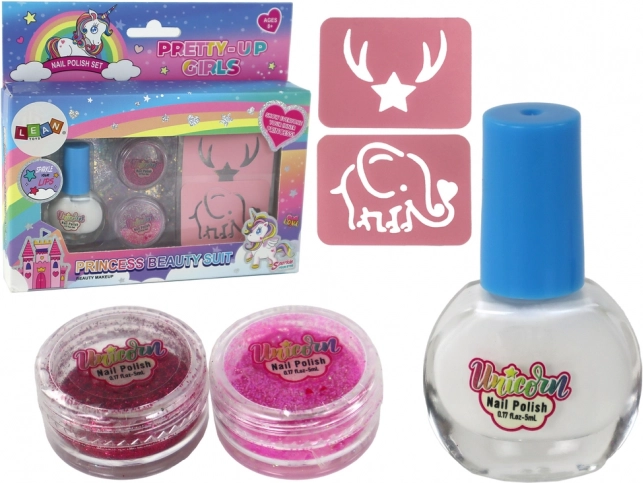 Kinder-Nagelset mit Nagellack, losen Glitzern und Schablonen
