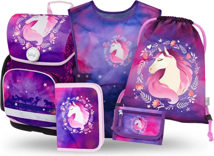 Baagl Schulset 5-teilig Ergo Pferd – Schultasche, Federmäppchen, Schuhbeutel, Schürze und Geldbörse