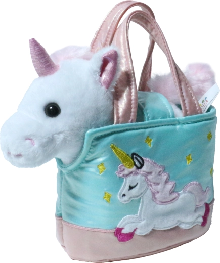 Weißes Plüsch-Einhorn in einer Handtasche, 15 cm