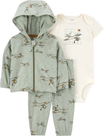 Carter’s 3-teiliges Set für Jungen mit Kapuzenjacke mit Flugzeugmotiv, Body und Jogginghose, grün (Gr. 56)