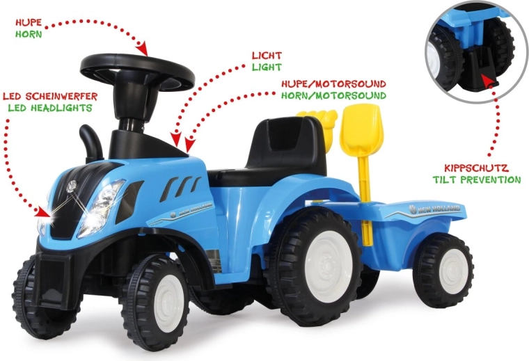 New Holland T7 Kinder-Rutschfahrzeug mit Anhänger 2-in-1, blau