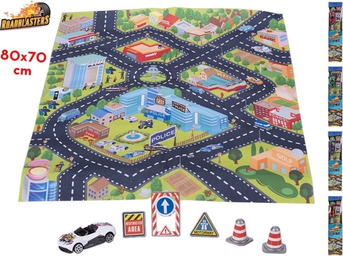 Verkehrsteppich Roadblasters 80 × 70 cm mit Auto und Verkehrsschildern