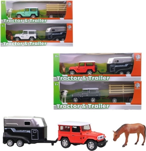 Auto mit Anhänger und Tierfigur – 1 Stück