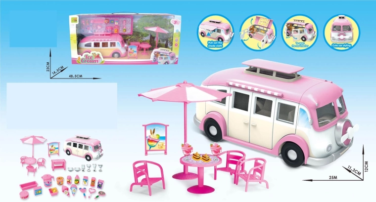 Rosa aufklappbarer Wohnwagen mit Eisdiele und umfangreichem Zubehör