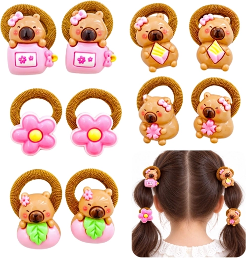 Haargummis mit Capybara und rosa Elementen – Set mit 10 Stück
