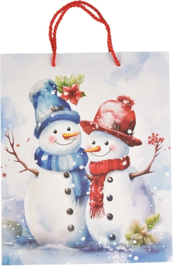 Geschenk-Papiertüte mit winterlichem Schneemann-Motiv 26 × 10 × 32 cm