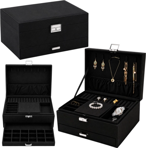 Schwarzes Velours-Schmuckkästchen – Schmuck-Organizer mit Schublade und Schlüssel