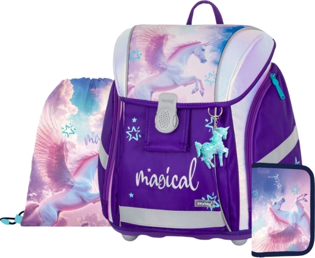 Schulset PREMIUM LIGHT Pegas – Schultasche, Federmäppchen und Beutel für Hausschuhe