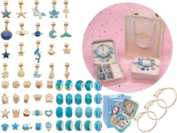 Set zur Schmuck- und Armbandherstellung mit Anhängern und Perlen – Blautöne