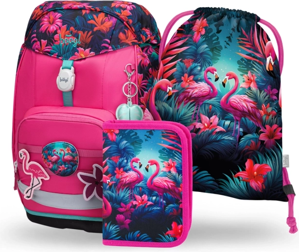 Schulset BAAGL Airy Plus Flamingos – Rucksack, Federmäppchen und Beutel