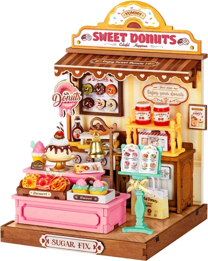 RoboTime 3D-Holzminiatur eines Donutladens