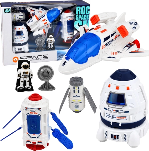 Weltraum-Set mit Space Shuttle, Satellit, Kapsel, Kommunikationsantenne und Astronaut