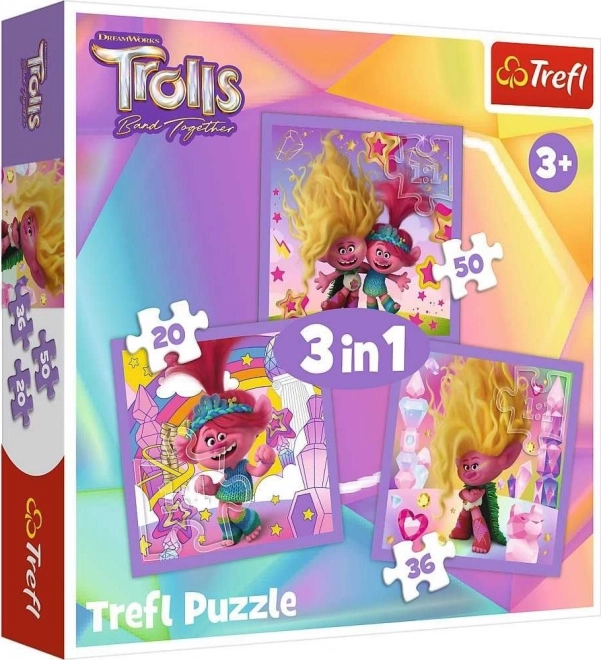 Trefl Puzzle Trolle 3-in-1 – Lernt die Trolle kennen (20, 36 und 50 Teile)