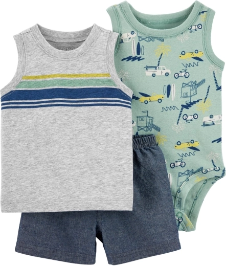 Carter's 3-teiliges Set für Neugeborene: ärmelloser Body, Unterhemd und Shorts Grey Cars