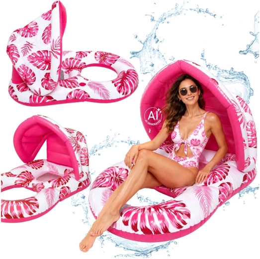 Aufblasbare Kinder-Wasserliege mit Rückenlehne und Sonnendach, rosa
