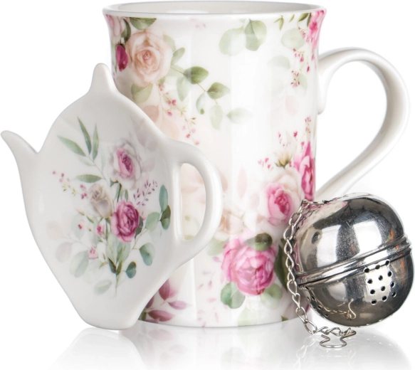 Teeset mit Rosen 340 ml – Keramikbecher, Edelstahlsieb und Unterteller