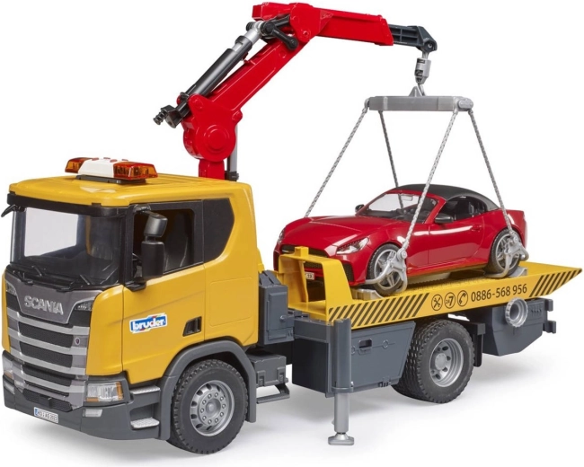 BRUDER Scania Super 560R Abschleppwagen mit Roadster, Licht und Sound