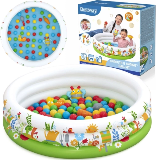 Bestway aufblasbares Kinderball- und Planschbecken Sprouts & Spring 102 × 25 cm, 50 Bälle und Spielzeug