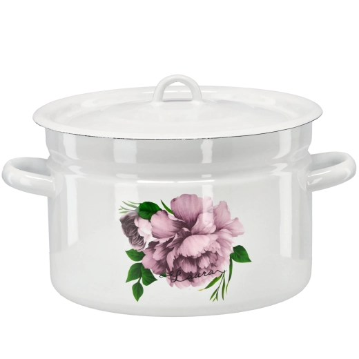 Emaillierter Topf 9 l, 26 cm, Weiß mit Motiv Pfingstrose Laura