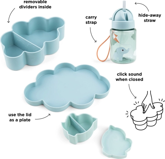 Done by Deer Snack-Set mit Trinkflasche mit Strohhalm Playground blau