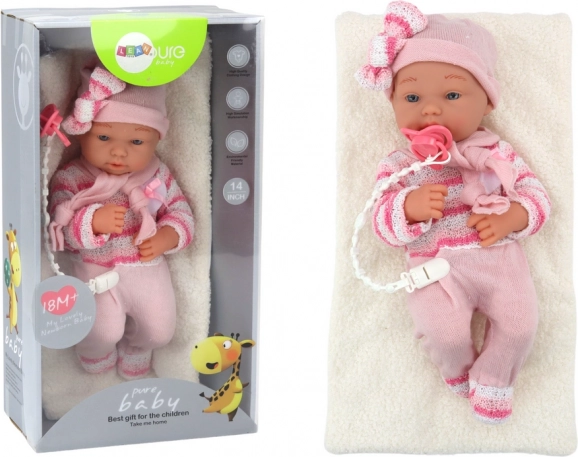 Rosa Babypuppe mit gestreifter Strickjacke, Mützchen, Schal und Zubehör 35 cm