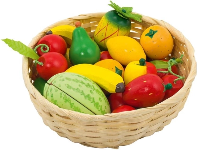 Holzobst im Korb – Set mit 23 Stk.