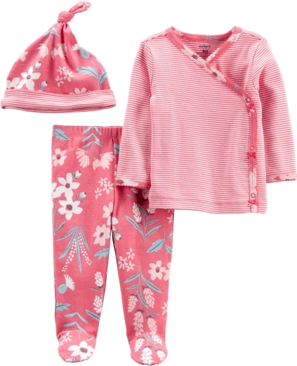 Carter’s Mädchenset Pink Flower – Wickelshirt mit langem Ärmel, Schlupfhose und Mütze