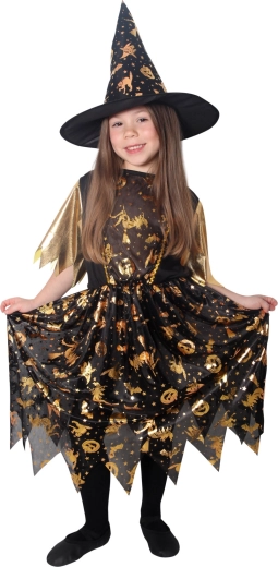 Kinderkostüm Hexe schwarz-gold mit Hut, Größe M