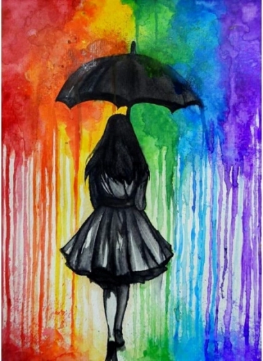Malen nach Zahlen auf Leinwand mit Rahmen 40 × 50 cm – Figur im bunten Regen